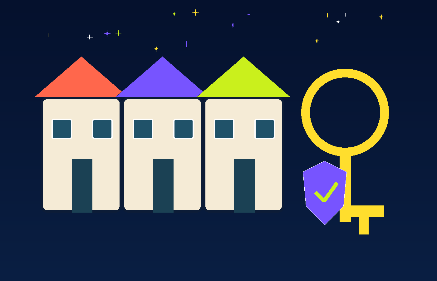 Funky landlord services illustration with homes, keys and protection